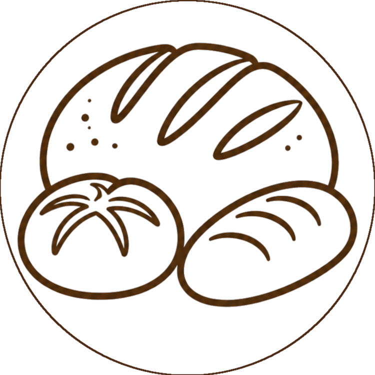 Eine einfache Strichzeichnung von drei Brotsorten, die an eine traditionelle Bäckerei erinnern: ein rundes Brot mit drei Schrägstrichen, ein ovales Brot und ein rundes Brot mit Stern - alles in einem Kreis in brauner Farbe umrandet.