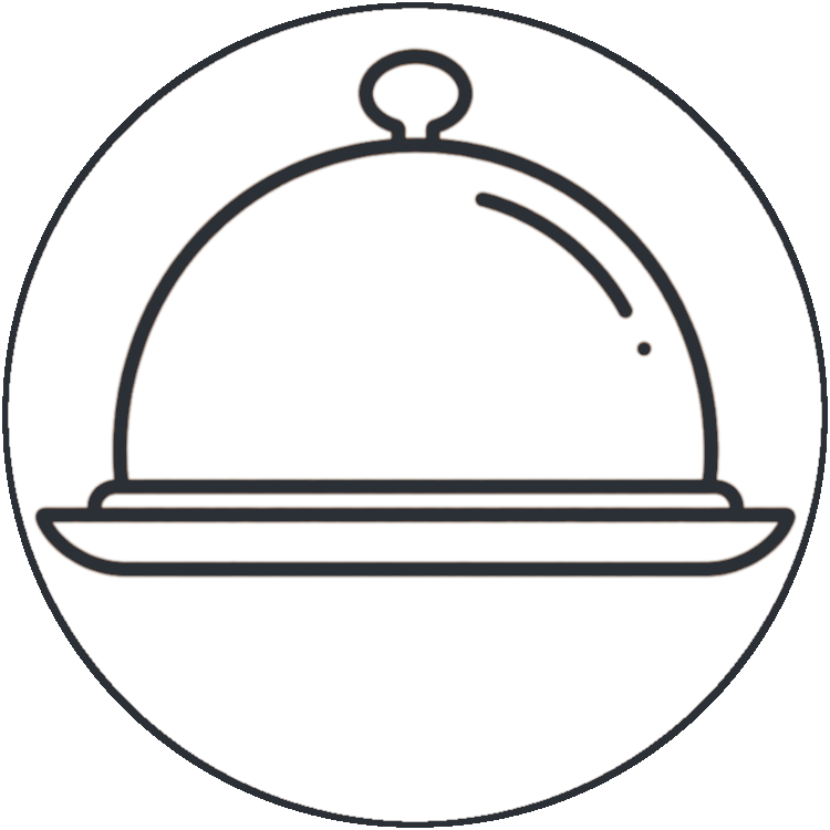 Eine einfache schwarz-weiße Strichzeichnung einer kuppelförmigen Speiseabdeckung auf einem runden Serviertablett, umschlossen von einem Kreis - perfekt für die Darstellung eines Konditorei- oder Bäckerei-Logos.