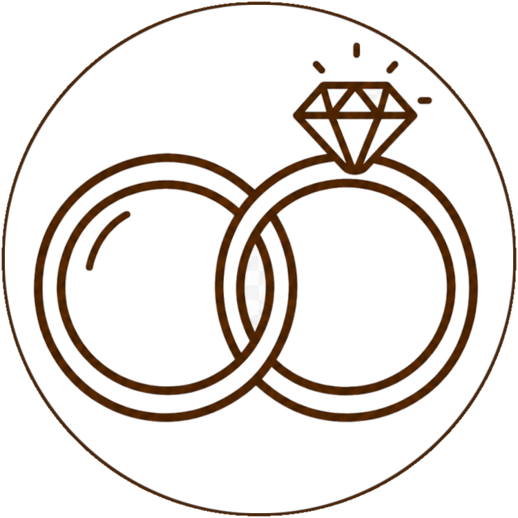 Einfache Strichzeichnung zweier ineinandergreifender Ringe - ein einfacher Ring, einer mit einem großen Diamanten - als Symbol für Eheringe oder Verlobungsringe, innerhalb eines kreisförmigen Rahmens, perfekt für die Feier der Liebe in der Krahl Konditorei & Bäckerei.