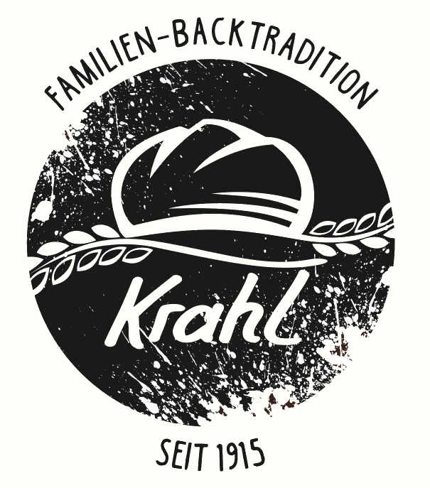Ein schwarz-weißes Logo mit einem Bäckerhut, einem Weizenhalm und dem Text "Familien-Backtradition Krahl Seit 1915" in einem Kreis, der an die traditionelle Familienbäckerei seit 1915 erinnert.